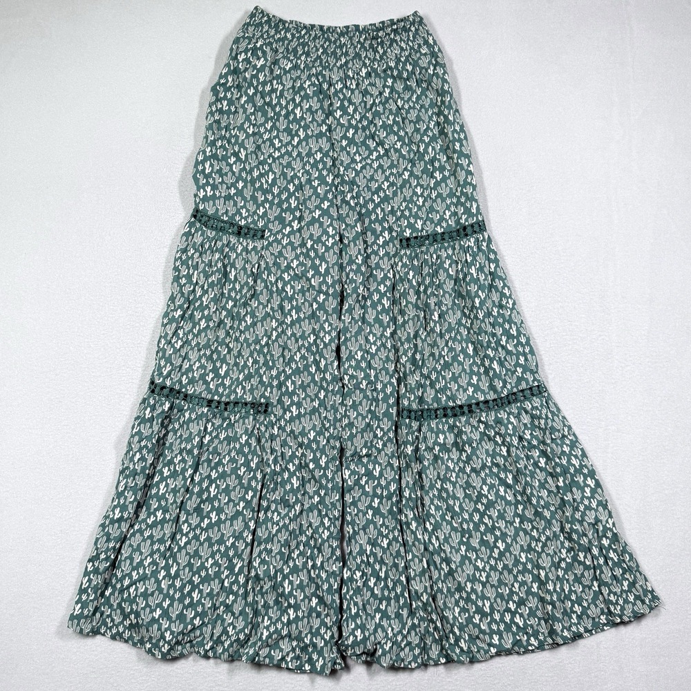 Angie Pants Womens Small Wide Leg Saguaro Cactus Print Smocked Waist Flowy Boho